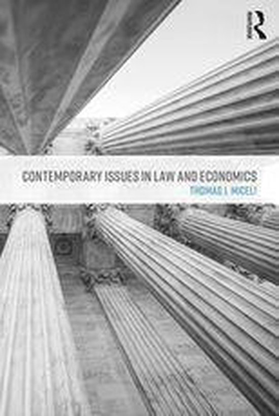Boekomslag met de titel Contemporary Issues in Law and Economics in witte letters op een grijze balk. Op de achtergrond pilaren.
