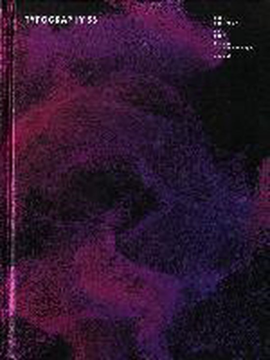 Typografie 35, boek met paarse en roze abstracte lijnen op een zwarte achtergrond.