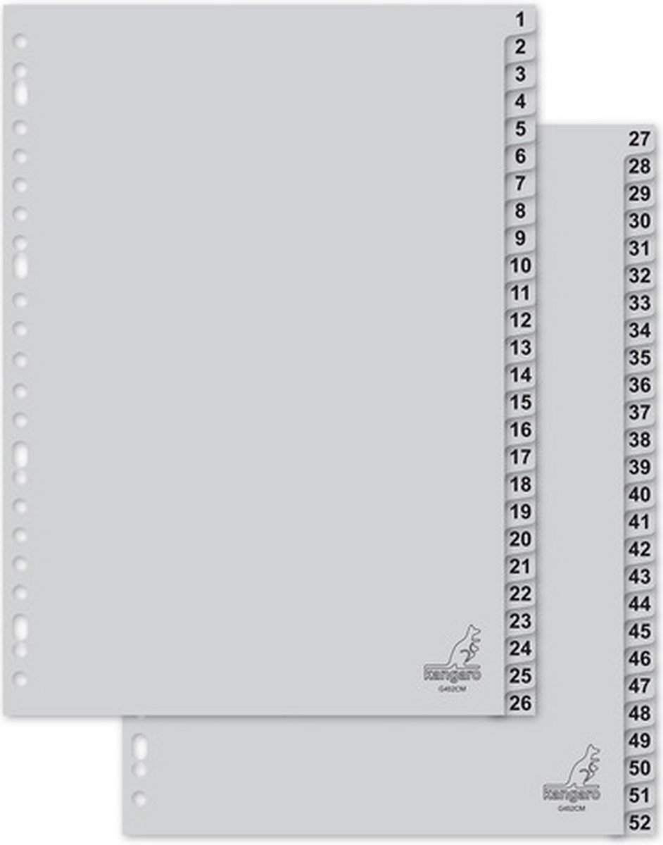 Tabbladen Kangaro 23-gaats G452CM 1-52 genummerd grijs PP - 10 stuks