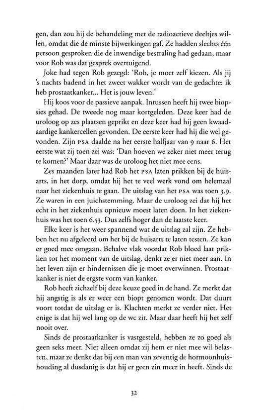 Een open boekpagina met tekst over prostaatkanker en de PSA-uitslag.
