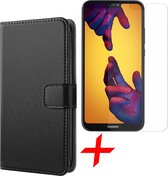 Huawei P20 Lite Hoesje Lederen Book Case Siliconen TPU Zwart + Screenprotector Gehard Glas - van iCall