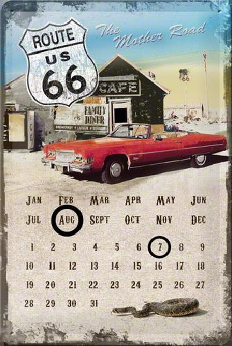 Nostalgic Art Merchandising Route 66 The mother road Kalender Metalen wandbord in reliëf 20 x 30 cm