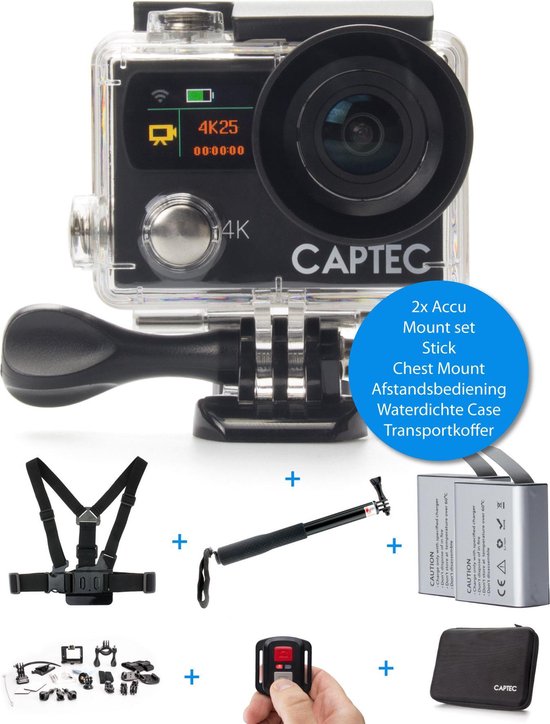 Captec Capture 5 Start-Set - 4K UHD Actie Camera set - Chest Mount - Stick  - 2... | bol.com
