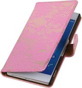 Lace Bookstyle Wallet Case Hoesjes Geschikt voor Sony Xperia Z4 Z3+ Roze