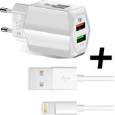 TechNow Oplader Fast Charge Snellader met Lightning Kabel voor Apple iPhone / iPad - Twee Poorten met 18 Watt - Qualcomm Quick Charge 3.0