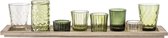 Bloomingville - Waxinelichtjes - Glas/Hout - Groen - set van 9 - L50xH11xB14 cm