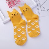 Sokken dames - geel - print kat met ogen - Maat 36-40 - cadeau - voor haar