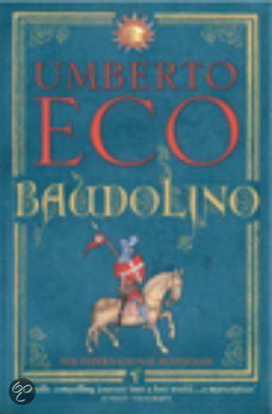 Boek "Baudolino" van Umberto Eco met een ridder te paard op de omslag.