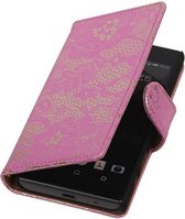 Lace Bookstyle Wallet Case Hoesjes Geschikt voor Sony Xperia Z5 Compact Roze