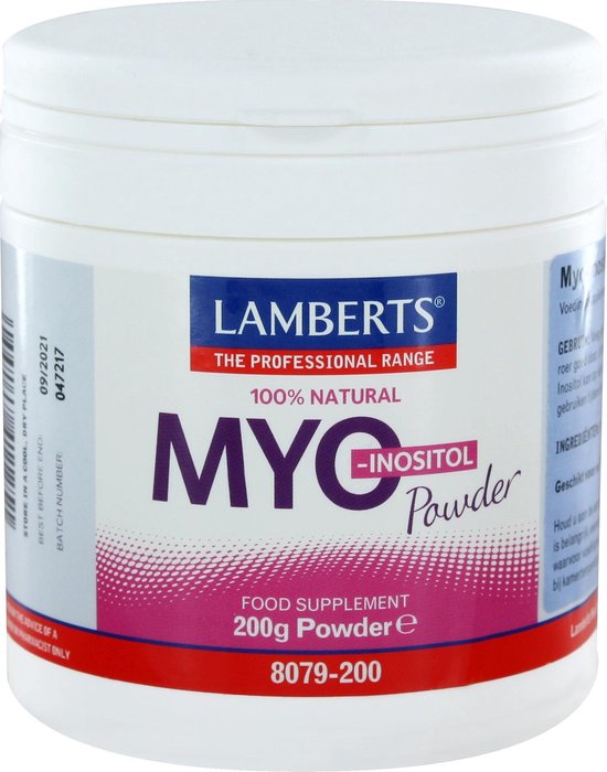 Witte pot Lamberts Myo-Inositol Poeder 200g, met productdetails op etiket.