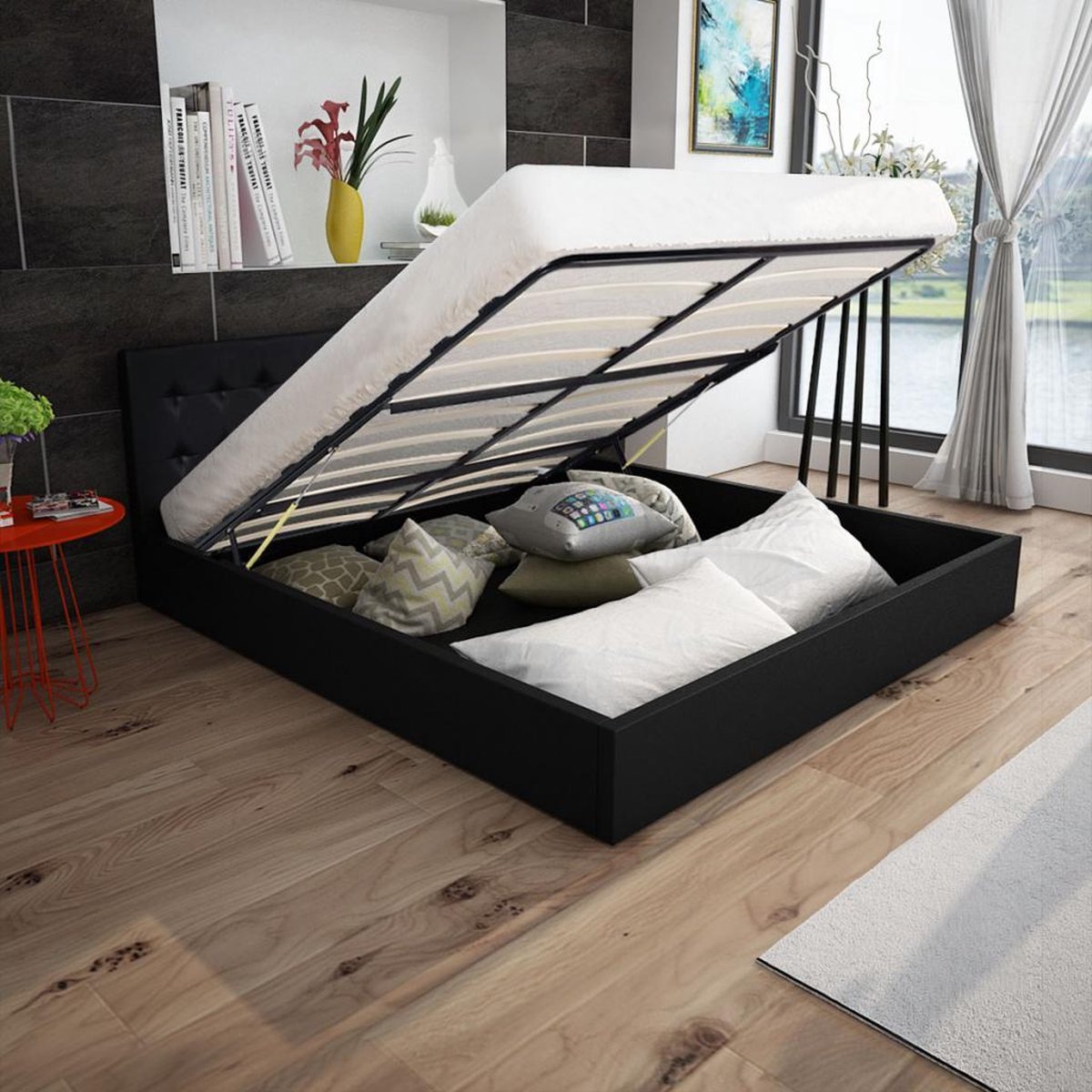 vidaXL Bed met gasveer en matras kunstleer 160x200 cm zwart | bol.com
