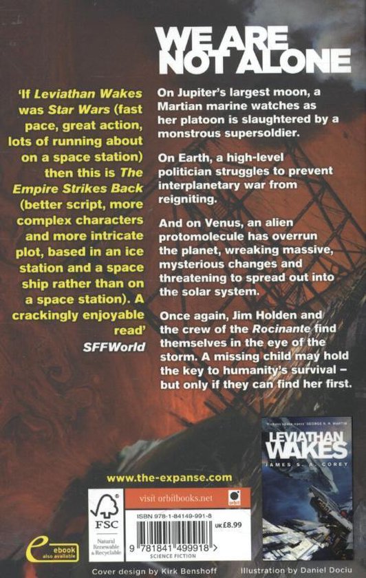 Boekomslag 'We Are Not Alone' met tekst over ruimteoorlog en de Rocinante. Rechtsonder boekcover 'Leviathan Wakes'.