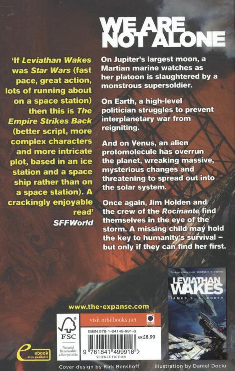 Boekomslag 'We Are Not Alone' met tekst over ruimteoorlog en de Rocinante. Rechtsonder boekcover 'Leviathan Wakes'.