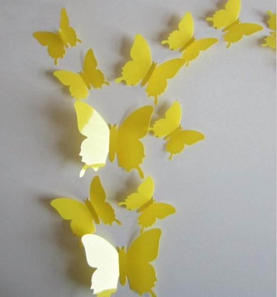 3D Vlinders Geel (12 stuks) - Muursticker / Muurdecoratie voor Kinderkamer / Babykamer / Woonkamer