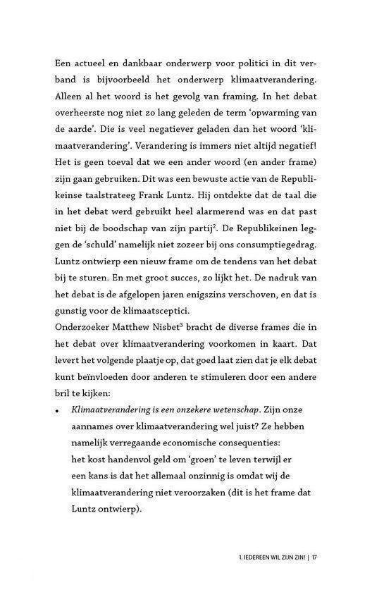Pagina 17 met tekst: 'Iedereen wil zijn zin'. Discussie over klimaatverandering, framing en politieke strategieën.