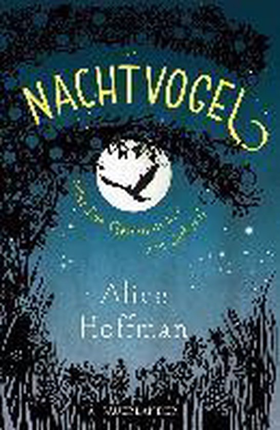 Boekomslag Nachtvogel van Alice Hoffman met silhouet van een vogel voor een volle maan in een nachtelijk bos.