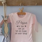 Baby Rompertje met tekst roze meisje cadeau eerste vaderdag voor de allerliefste |  papa ik hou van jou tot de maan en terug | lange mouw | roze grijs| maat 62-68 bekendmaking zwangerschap aanstaande baby