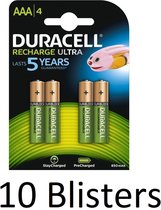 40 Stuks (10 Blisters a 4 st) Duracell AAA Oplaadbare Batterijen - 800 mAh