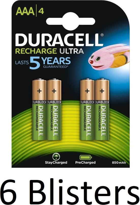 24 stuks (6 Blisters a 4 st) Duracell AAA Oplaadbare Batterijen - 800 mAh |  bol.com