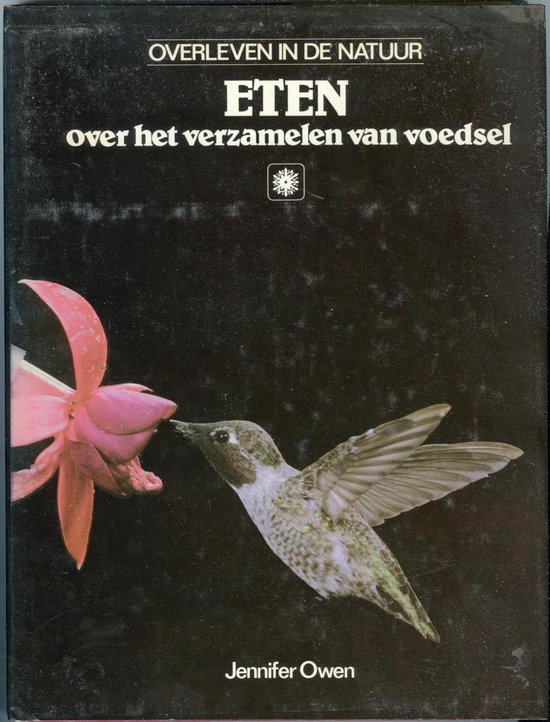 Boekomslag 'ETEN over het verzamelen van voedsel' met een kolibrie die van een roze bloem nipt.