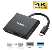 USB-C naar HDMI (4K), USB A en USB C Opladen | 3 in 1 Adapter | Type C  To HDMI, USB 3.0 & Type-C Fast Charging Hub | Compatible Wth Apple Macbook Pro | Air | Chromebook | IMAC  | XPS | Dell | Lenovo | Surface | Samsung | Zwart | A-KONIC©