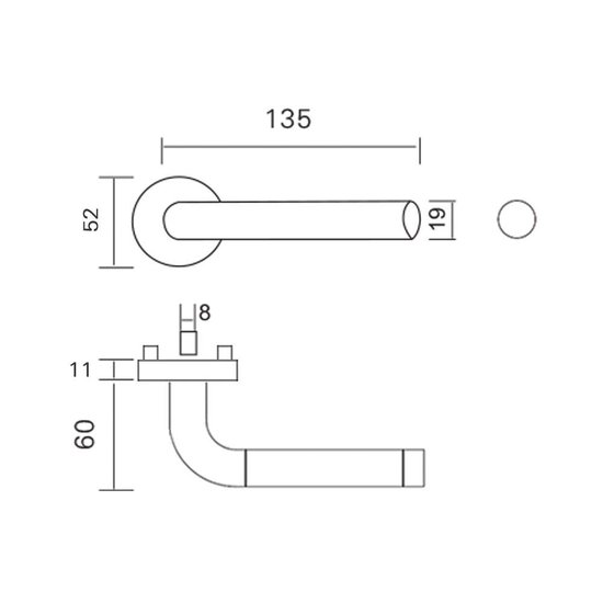 Technische tekening met afmetingen van een RVS deurklink en rozet, met dwarsdoorsnede van de klink.