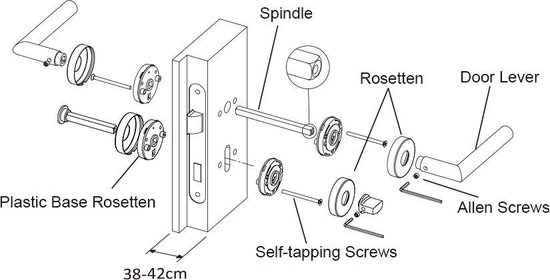 Gedetailleerde tekening van een deurklink met ronde rozetten, inclusief afmetingen en onderdelen zoals deurkruk, spindle en schroeven.