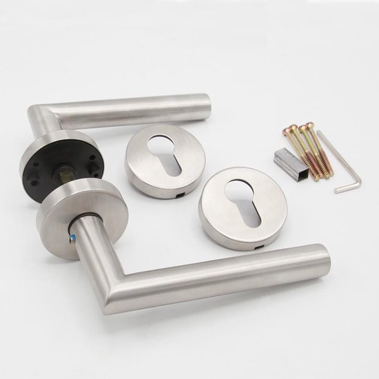 Slotman Solutions Deurklink Set RVS Geborsteld Rond Rozet PZ55 | Deurbeslag met Cilindergat | Complete Deurkrukken Set voor Binnendeuren | Inclusief Bevestigingsmateriaal