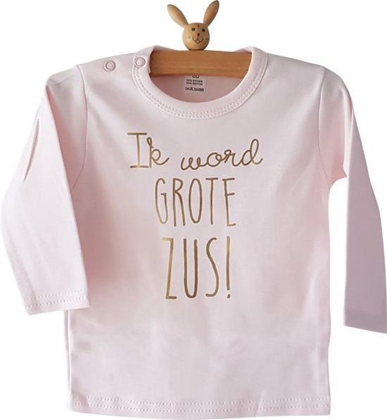 Shirt Ik word grote zus | lange mouw | roze met goud | maat 104 zwangerschap aankondiging bekendmaking Baby big sis sister