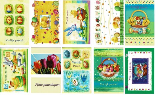 10 Vrolijke Paaskaarten - Vrolijk Pasen wenskaarten - 16x11cm - Luxe paaskaarten met envelop