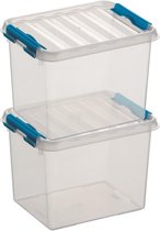 2x Sunware Q-Line opberg boxen/opbergdozen 3 liter 20 x 15 x 14 cm kunststof - Opslagbox - Opbergbak transparant/blauw kunststof