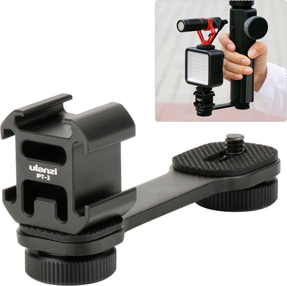 Ulanzi PT-3 Triple Cold Shoe Mount voor Gimbal, Camera en Smartphone Rig - Lichtgewicht - Universeel - Aluminium - Zwart