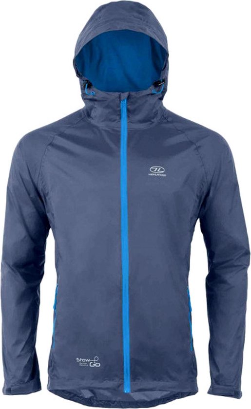 Avant d'une veste bleu marine à capuche, avec fermeture éclair bleue et logo 'Stow & Go'.