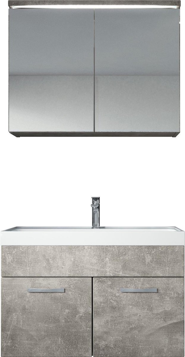 Badplaats Badkamermeubel Set Paso 02 80 cm x 40 cm - Beton Grijs - Badmeubel met Wastafel en Spiegelkast