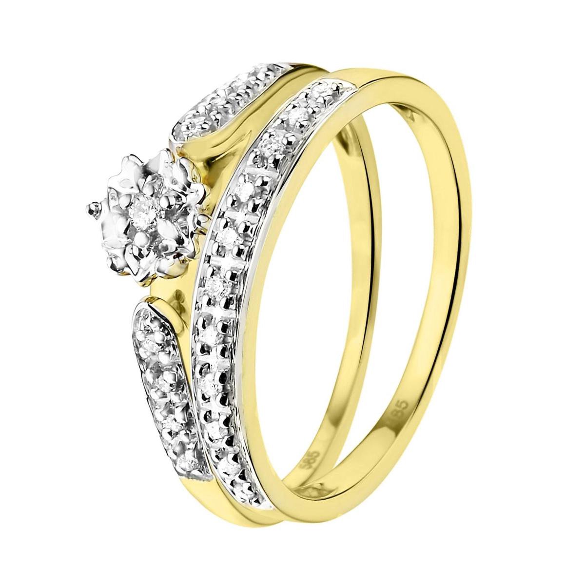 Lucardi Dames Dubbele ring 20 diamanten 0,10ct - Ring - Cadeau - 14 Karaat Goud - Geelgoud
