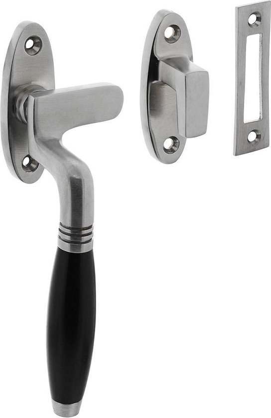 Intersteel raamsluiting met zwart handvat en metalen rozet en sluitplaat.