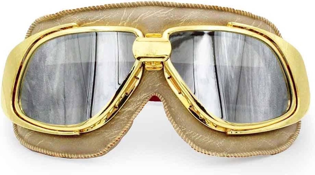 Ediors retro goud, beige leren motorbril | Zilver reflectie glas