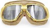 Ediors retro goud, beige leren motorbril | Zilver reflectie glas