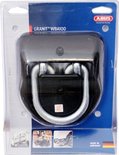 Verpakte ABUS GRANIET WBA100 vloer/muuranker met gouden ring, op een witte achtergrond met productinformatie.