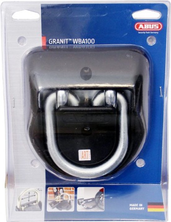 Verpakte ABUS GRANIET WBA100 vloer/muuranker met gouden ring, op een witte achtergrond met productinformatie.