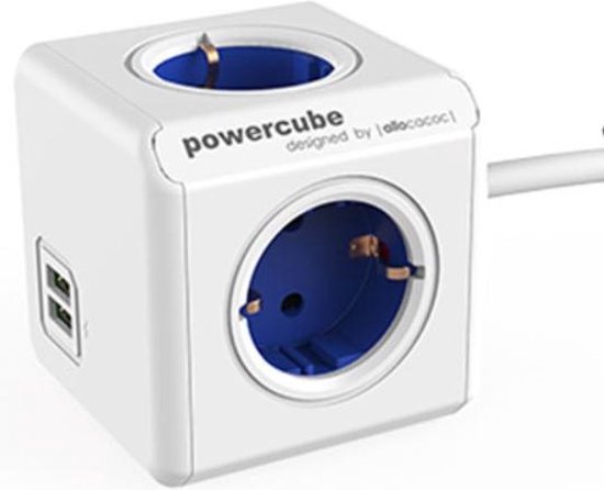 DesignNest PowerCube Extended DUO USB - 1,5 meter kabel - wit/blauw- 4 stopcontacten - 2 USB laders - Type F - stekkerdoos - stekkerblok - telefoonlader - oplader