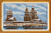 Artstudioclub®  borduurpakketten volwassenen Oude houten kerk bedekt met sneeuw 44 × 29cm