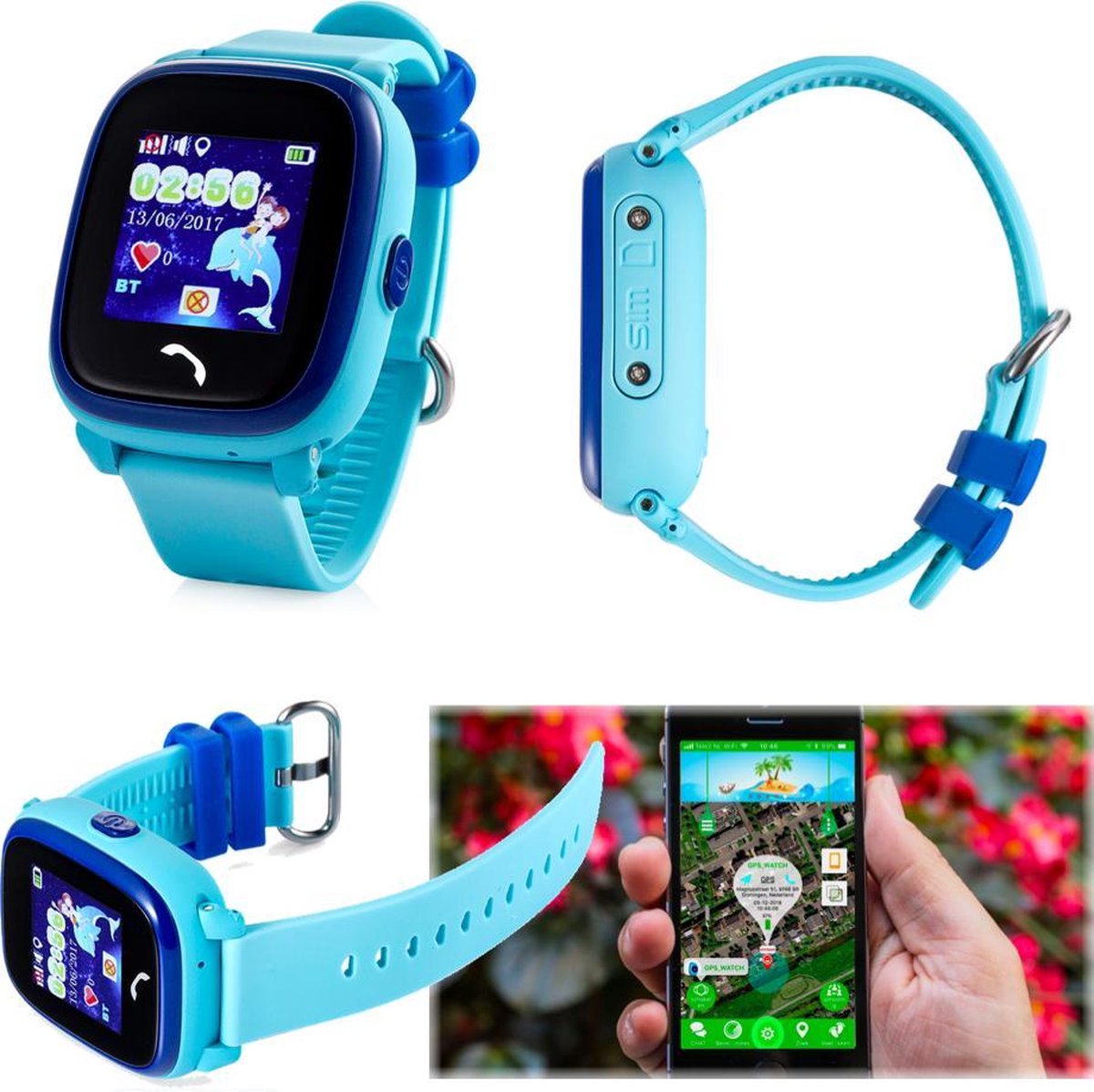 GPS horloge kind tracker AQUA Junior Wifi Blauw SOS bellen [IP67