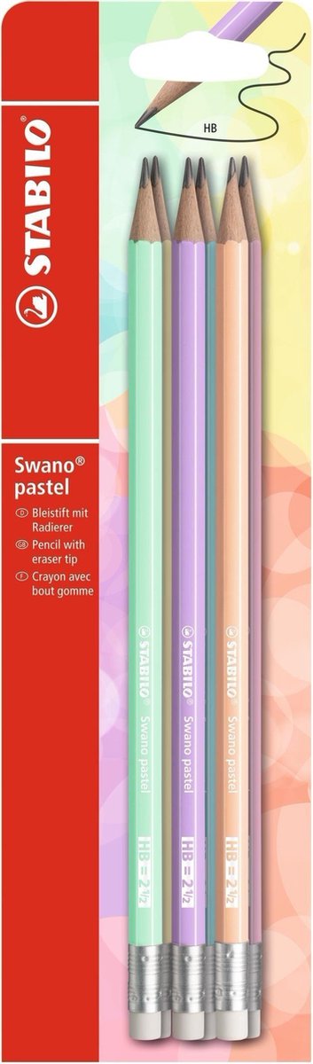 Potlood STABILO grafiet Swano HB met gumtip pastel etui à 6 kleuren