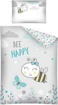 housse de couette lit bébé - Bee happy - gris avec vert menthe - 100% coton