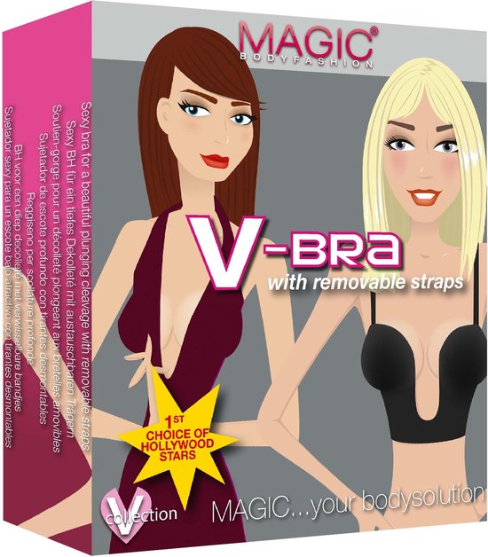 Verpakking van MAGIC Bodyfashion V-Bra, met afbeeldingen van modellen en de tekst 'V-BRA with removable straps'.