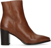 Manfield - Dames - Cognac leren enkellaarsjes met blokhak - Maat 40