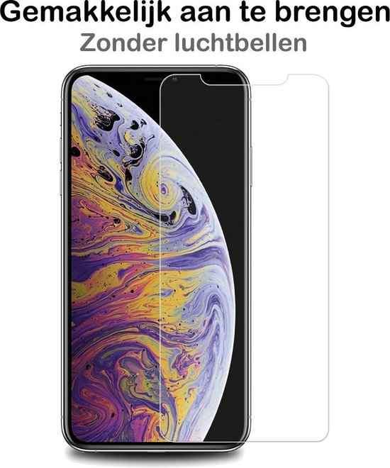 Schermprotector op een iPhone XS Max. Tekst: "Gemakkelijk aan te brengen Zonder luchtbellen".