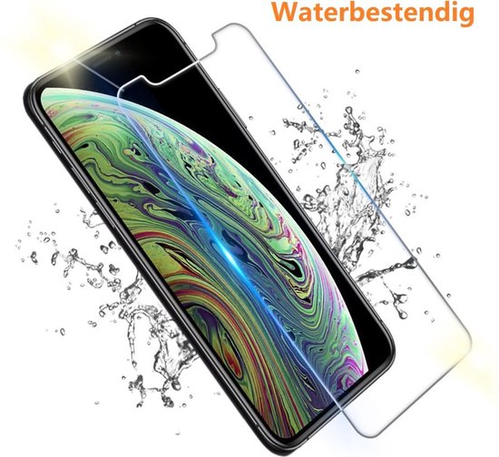 Schermprotector op een iPhone XS Max met water dat er vanaf spat. Tekst: "Waterbestendig".