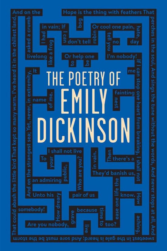 Livre imprimé avec le titre "The Poetry Of Emily Dickinson" sur fond bleu, avec des extraits de poèmes.